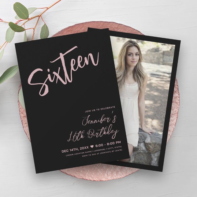 Einfache Elegant Black Blush Pink Sweet 16 Script Einladung (Simple Elegant Black Blush Pink Sweet 16 Script Invitation)