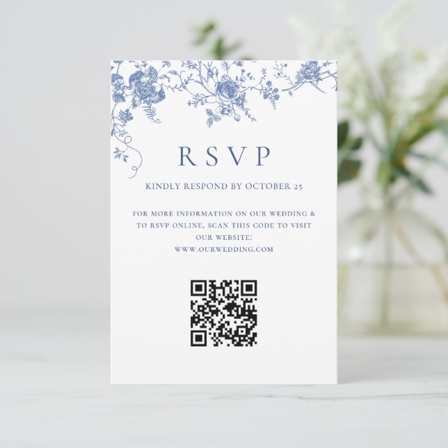 Einfache Elegant Blue French Garden Wedding QR Cod RSVP Karte (Stehend Vorderseite)