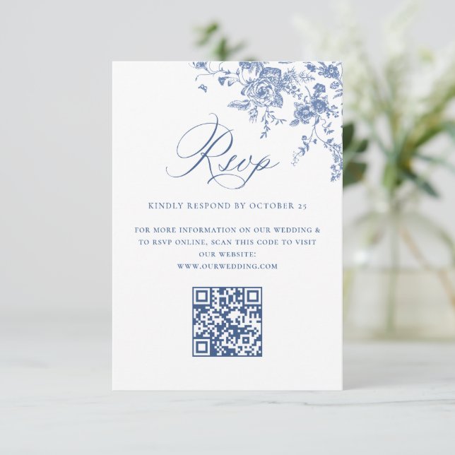 Einfache Elegant Blue French Garden Wedding QR Cod RSVP Karte (Stehend Vorderseite)