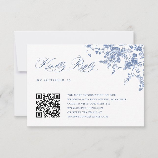 Einfache Elegant Blue French Garden Wedding QR Cod RSVP Karte (Vorderseite)