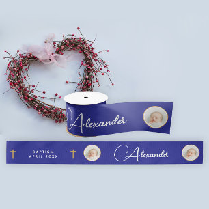 Einfache Elegant Blue Gold Cross Foto Namensschrif Satinband