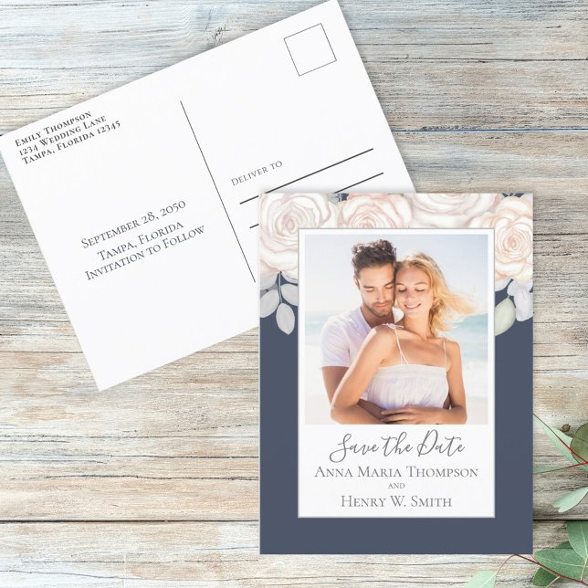 Einfache Elegant Blush Dark Blue Rose Bouquet Postkarte (Von Creator hochgeladen)