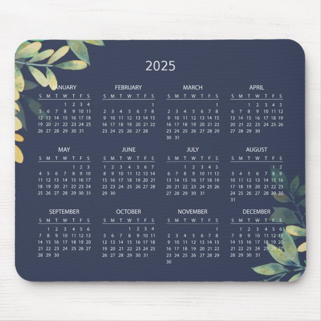 Einfache Elegant Botanischer Kalender 2025 | Mouse Mousepad (Vorne)
