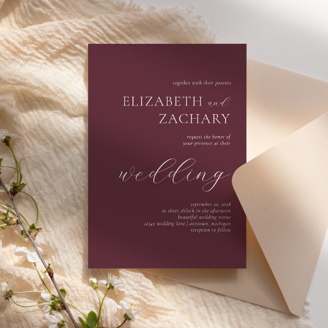 Einfache Elegant Burgundy White Script Wedding Einladung (Von Creator hochgeladen)