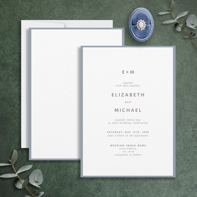 Einfache Elegant Dusty Blue Monogram Wedding Einladung (Von Creator hochgeladen)