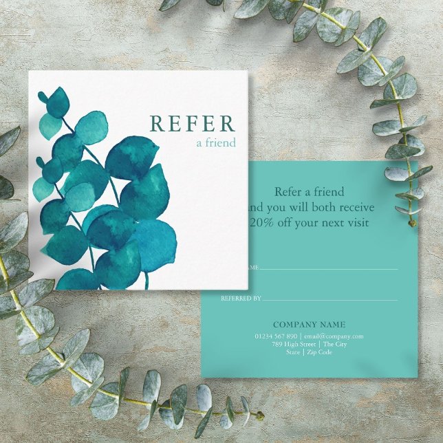 Einfache Elegant-Eukalyptus-Blätter Empfehlungskarte (Simple Elegant Eucalyptus Floral Loyalty Referral Card)