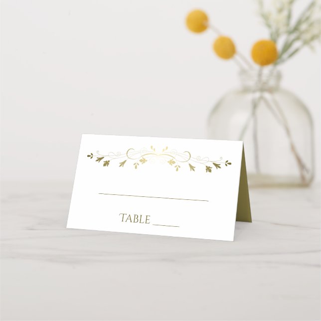 Einfache Elegant Filigree Gold & White Wedding Platzkarte (Vorderseite)