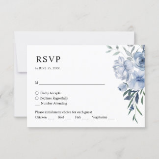 Einfache Elegant Floral Dusty Blue QR Code Hochzei RSVP Karte