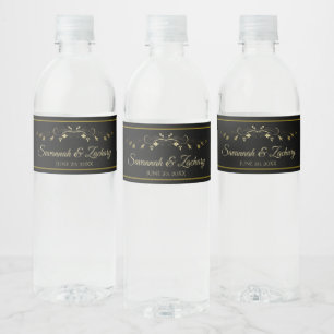 Einfache Elegant Flourish Gold & Black Wedding Wasserflaschenetikett