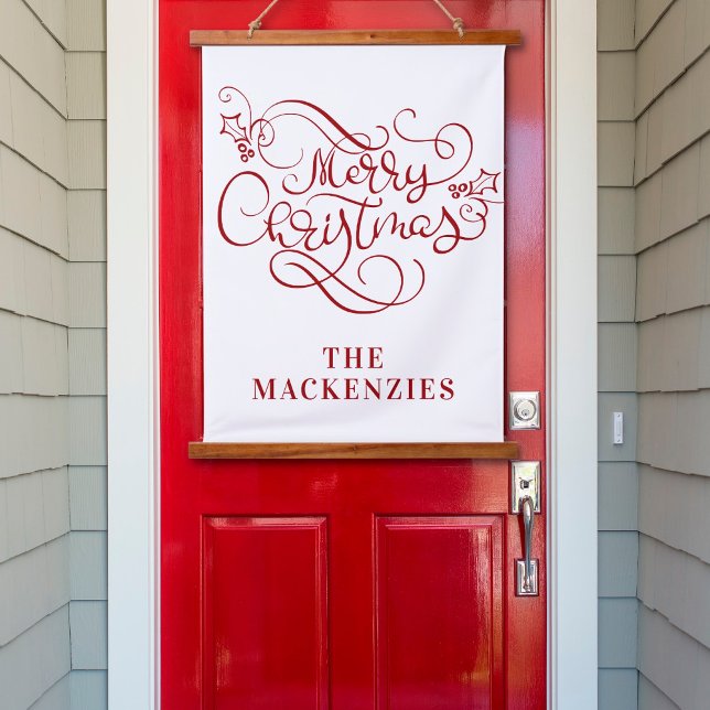 Einfache Elegant frohe Weihnachtsnamen Red White Wandteppich Mit Holzrahmen (Von Creator hochgeladen)