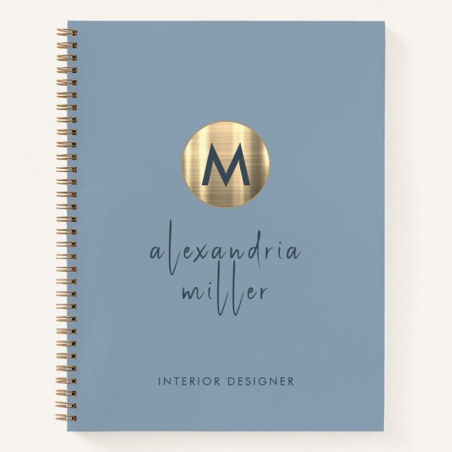 Einfache Elegant Gold Monogram Dusty Blue Notizbuch (Vorderseite)