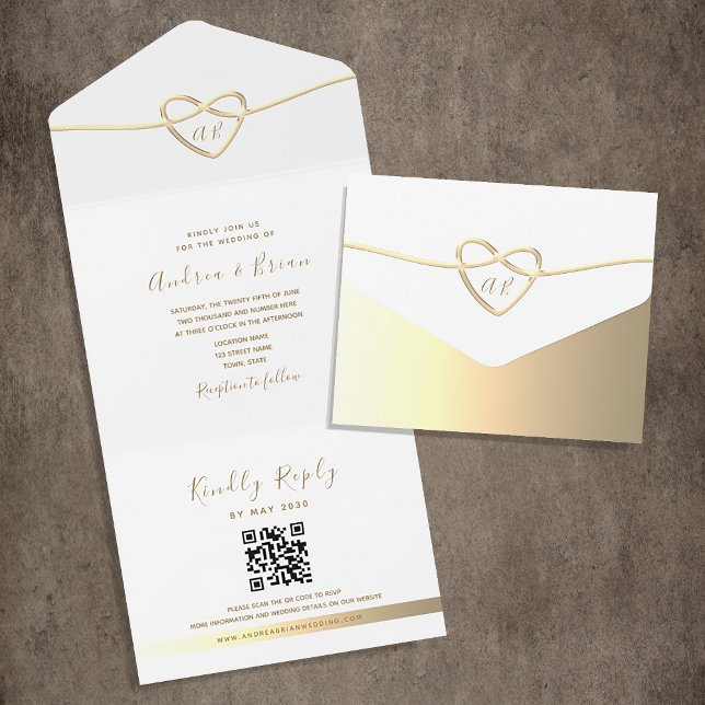 Einfache Elegant Gold Monogram Wedding QR Code All In One Einladung (Von Creator hochgeladen)