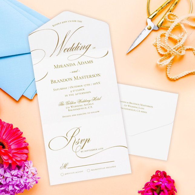 Einfache Elegant-Gold-Script-Hochzeit All In One Einladung (Von Creator hochgeladen)