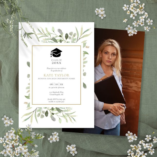 Einfache Elegant Greenerity Foto Graduation Party Einladung (Simple Elegant Greenery Photo Graduation Party Invitation)