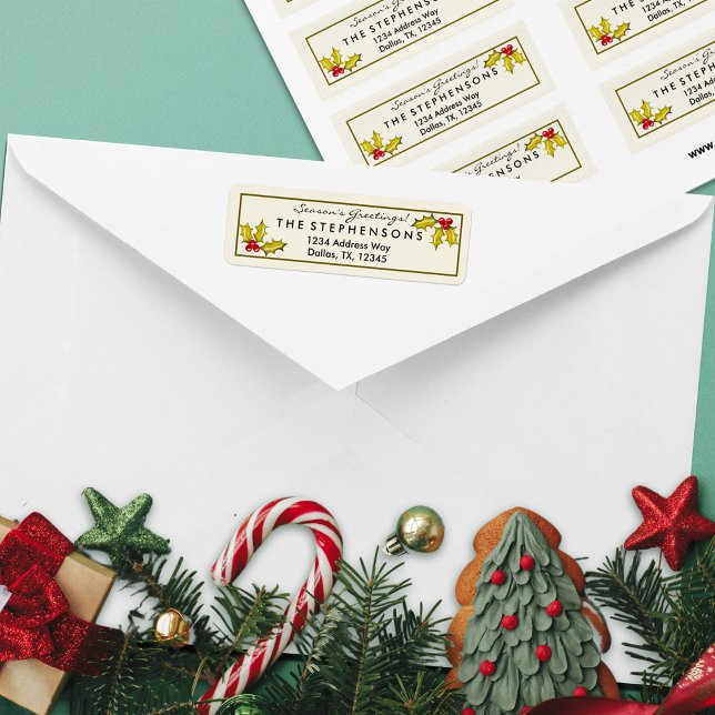 Einfache Elegant Holly and Berries Moderne Weihnac (hand painted holly and berries family return address sticker)