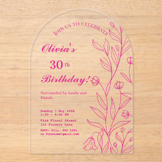 Einfache Elegant Hot Pink Blumen Geburtstag Acryleinladungen