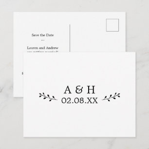 Einfache Elegant Leaf Motif Monogram Save the Date Postkarte