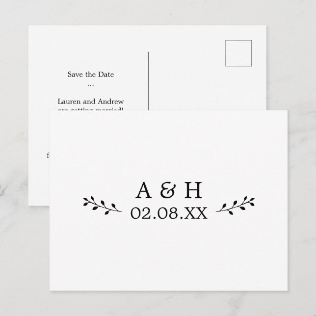 Einfache Elegant Leaf Motif Monogram Save the Date Postkarte (Vorne/Hinten)