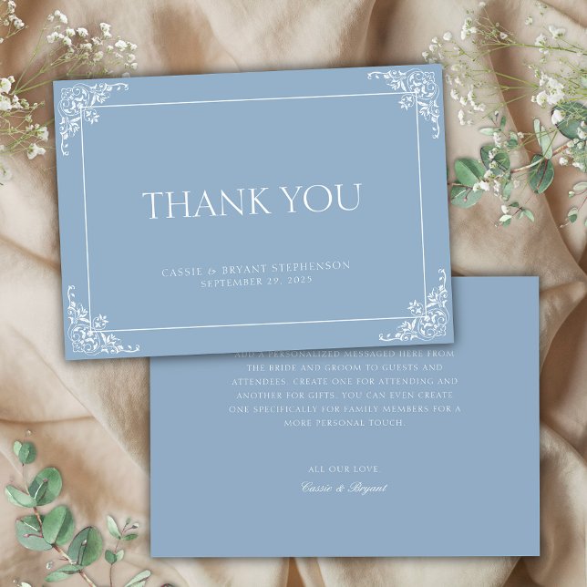 Einfache Elegant Light Blue Regency Ära Hochzeit Dankeskarte (elegant simple minimalist dusty blue and white wedding thank you cards with decorative border)