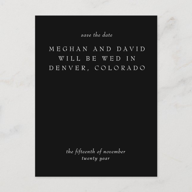 Einfache Elegant Minimal Schwarz Save the Date Ankündigungspostkarte (Vorderseite)