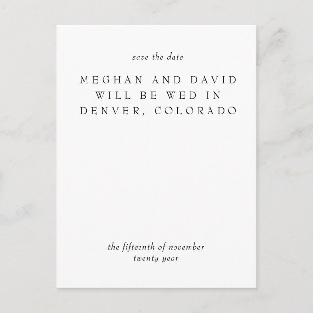 Einfache Elegant Minimal Schwarz Save the Date Ankündigungspostkarte (Vorderseite)