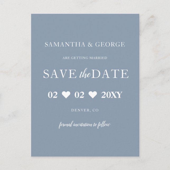 Einfache Elegant Modernes Dusty Blue Save the Date Ankündigungspostkarte (Vorderseite)