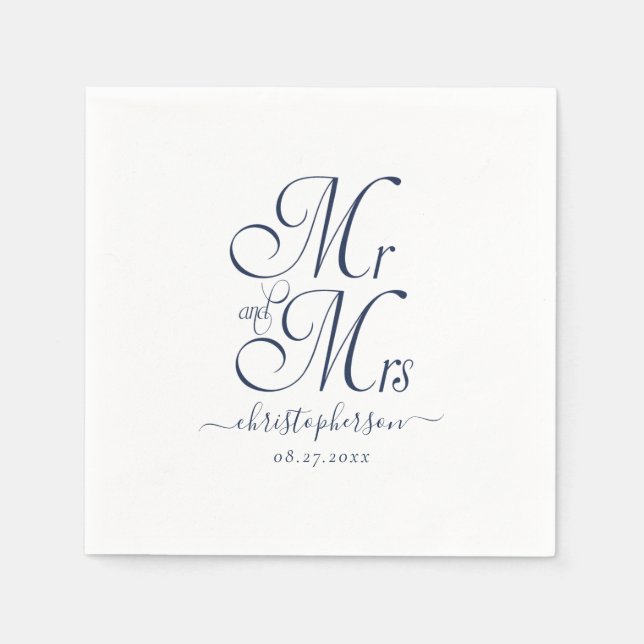 Einfache Elegant Mr. und Mrs. Navy Blue Script Hoc Serviette (Vorderseite)