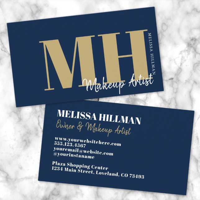 Einfache Elegant Navy Blue Beruflich Monogram Visitenkarte (Simple Modern Navy Blue Gold Professional Monogram Business Card)