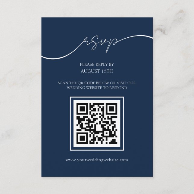 Einfache Elegant Navy Blue QR Code Hochzeit RSVP K Begleitkarte (Vorderseite)