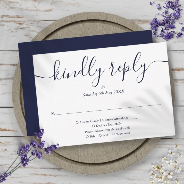 Einfache Elegant Navy Blue Script Auswahl RSVP Karte (Von Creator hochgeladen)