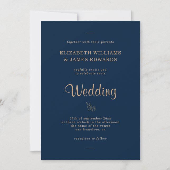 Einfache Elegant Navy Blue Wedding Einladung (Vorderseite)