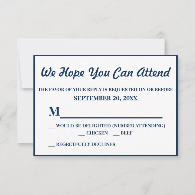 Einfache Elegant Navy Blue Wedding RSVP (Vorderseite)