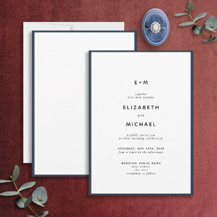 Einfache Elegant Navy Blue & White Monogram Weddin Einladung