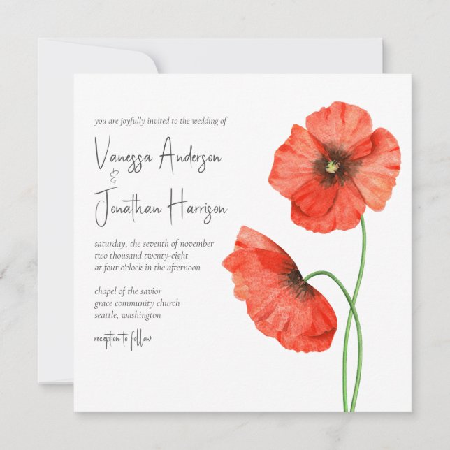 Einfache Elegant Red Poppy Floral Stilvolles Skrip Einladung (Vorderseite)