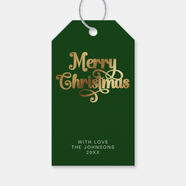 Einfache Elegant Retro Green & Gold Frohe Weihnach Geschenkanhänger (Vorderseite)