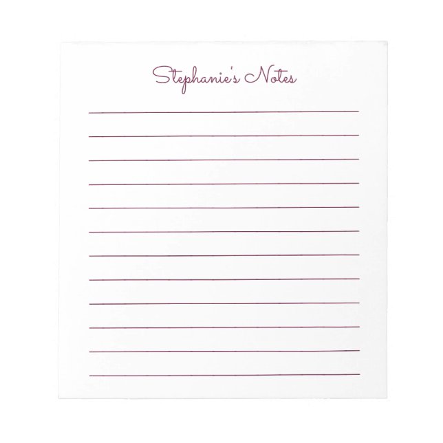 Einfache Elegant Rot Brown Lined Personalisiert Notizblock (Vorderseite)