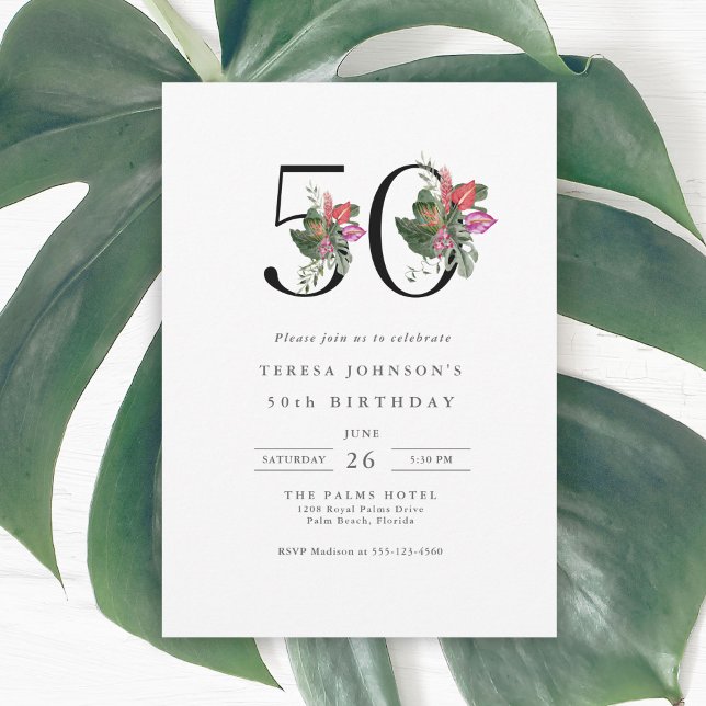 Einfache Elegant Tropical 50. Geburtstag Einladung (Available in both printed and instant download digital formats.)