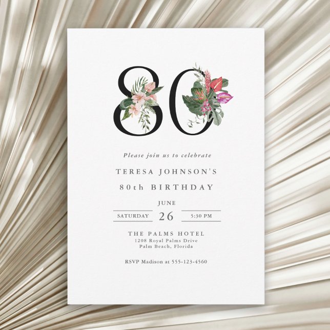 Einfache Elegant Tropical 80. Geburtstag Einladung (Available in both printed and instant download digital formats.)