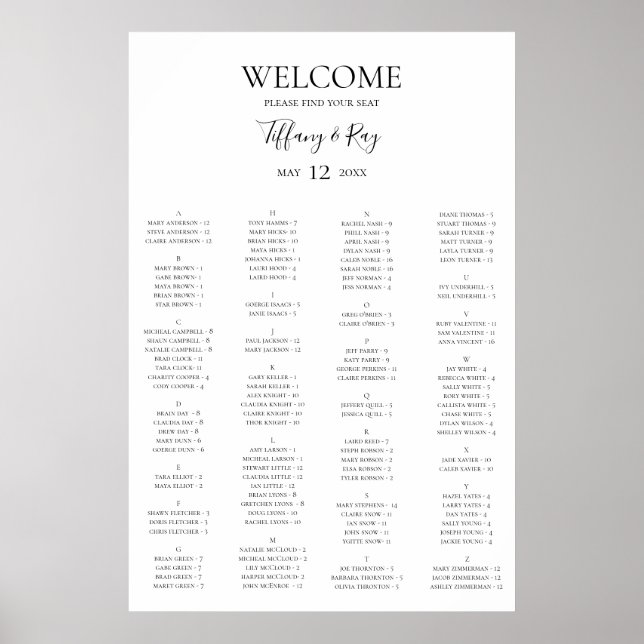 Einfache, elegante Alphabetische Sitzkarte Poster (Vorne)