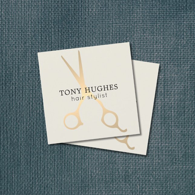 Einfache Elegante Alte weiße Goldschere Friseurin Quadratische Visitenkarte (Von Creator hochgeladen)
