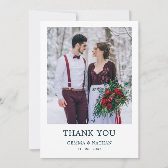 Einfache, elegante Aquamarine 2-Foto-Hochzeit Dank Dankeskarte (Vorderseite)