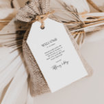 Einfache elegante Begrüßungstags Geschenkanhänger<br><div class="desc">Diese schlichten eleganten Begrüßungstags sind perfekt für Ihre moderne,  minimalistische Schwarz-Weiß-Hochzeit. Das Design besticht durch minimalen zeitgenössischen Schriftart,  begleitet von formaler Kalligraphie. Behalt es so,  wie es ist,  oder wählen Sie es mit Ihren eigenen Kunstwerken oder Fotos zu personalisieren!</div>