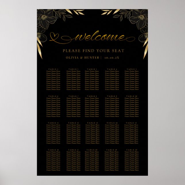 Einfache elegante Black & Gold Seating Chart Poster (Vorne)
