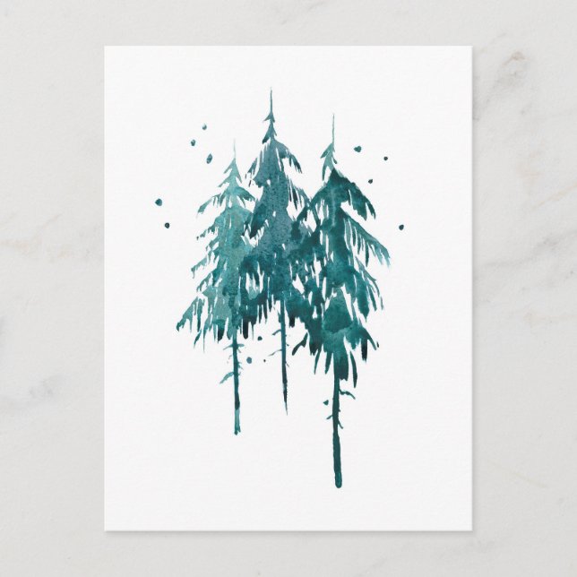 Einfache elegante Blaue Wasserfarben Pine Trees Postkarte (Vorderseite)