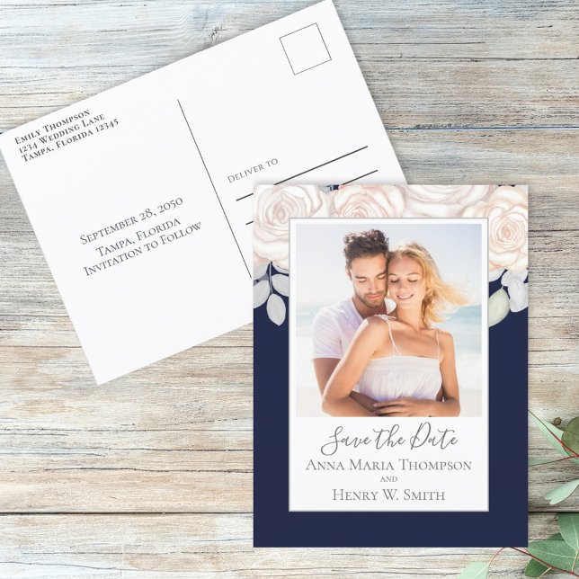 Einfache Elegante Blauen Navy Blush Rose Bouquet Postkarte (Von Creator hochgeladen)