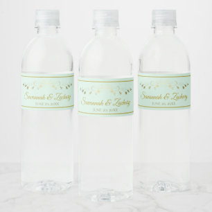 Einfache Elegante Blüh Mint Green & Gold Hochzeit Wasserflaschenetikett