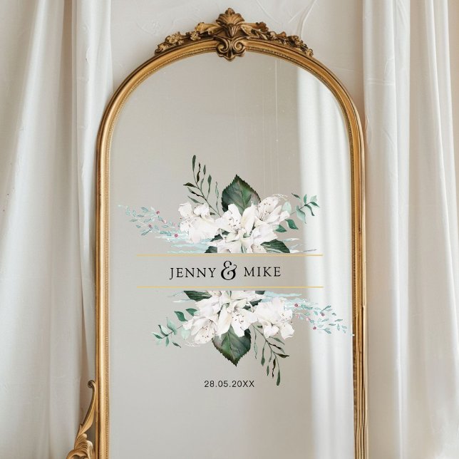 Einfache, elegante Blume Hochzeit Fensteraufkleber (Personalized, simple, elegant white flowers wedding window cling with your names and date.)