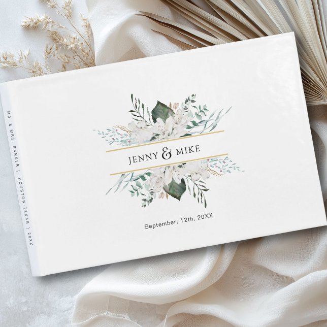 Einfache, elegante Blume Hochzeit Gästebuch (Personalized, simple, elegant white flowers wedding guest book with your name and date.)
