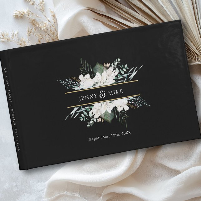 Einfache, elegante Blume Hochzeit Gästebuch (Personalized, simple, elegant white flowers wedding guest book with your name and date.)
