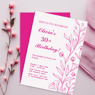 Einfache Elegante Blumen Hot Pink Geburtstag Einladung